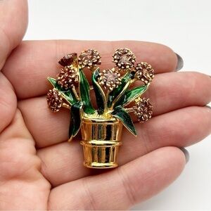 Vintage Planted Enamel Brown Flowers in Gold Tone Pot Brooch Green Thumb